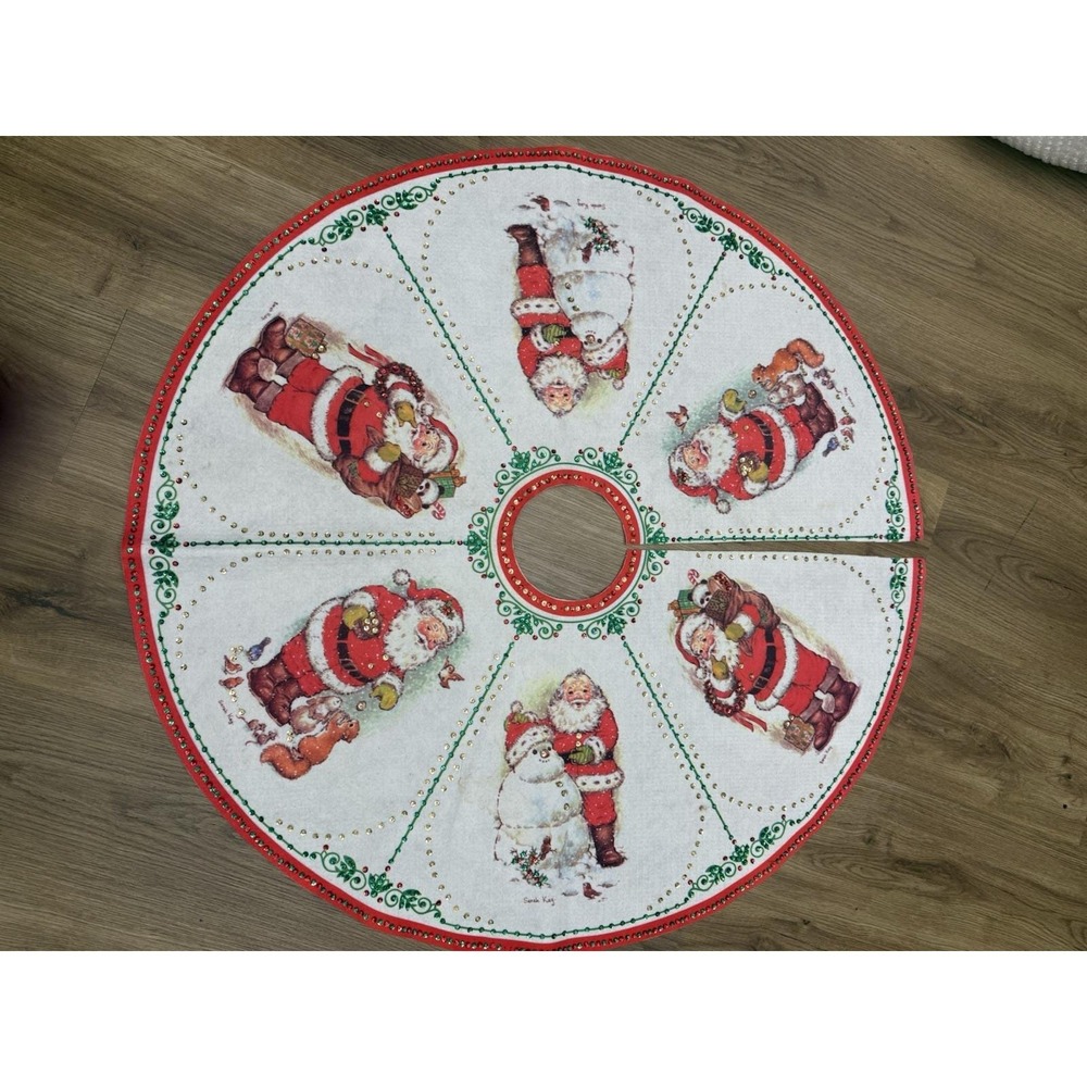 Vtg Sarah Kay 70s White Red Felt Sequin Christmas Tree Skirt Santa Snowman 33"